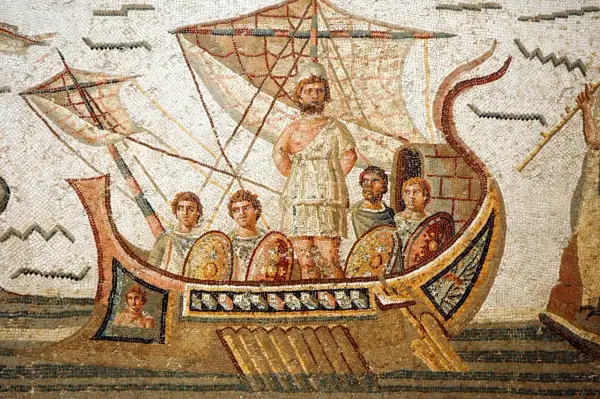 Mosaïque romaine : Ulysse, tel un dieu, mène ses hommes sur un navire, prêt pour l'aventure.