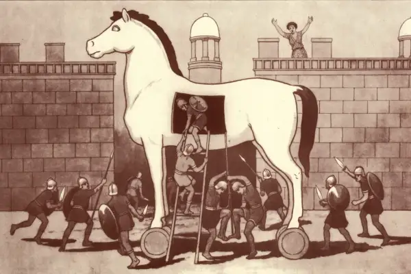 Le cheval de Troie, un stratagème de la mythologie grecque, est introduit dans la cité. Des guerriers grecs sortent de sa panse.