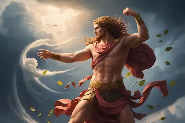 Un homme musclé, drapé de rouge, semble commander les éléments. Des feuilles volent autour de lui, et des nuages tourbillonnent, évoquant le dieu du vent.