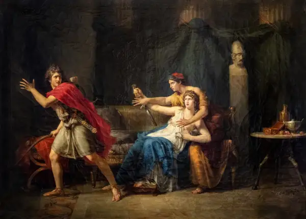Scène dramatique de la mythologie grecque : Phèdre, tourmentée, repousse Hippolyte qui s'enfuit.