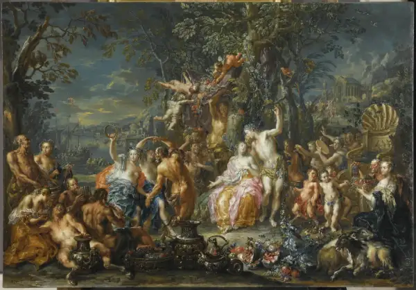 Un cortège joyeux célèbre Dionysos, brandissant un thyrse orné de feuilles de vigne. Amours, nymphes et satyres dansent au crépuscule.