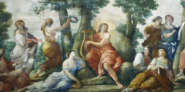 Erato muse, inspirant la poésie lyrique, joue de la lyre entourée de compagnes dans un paysage verdoyant.