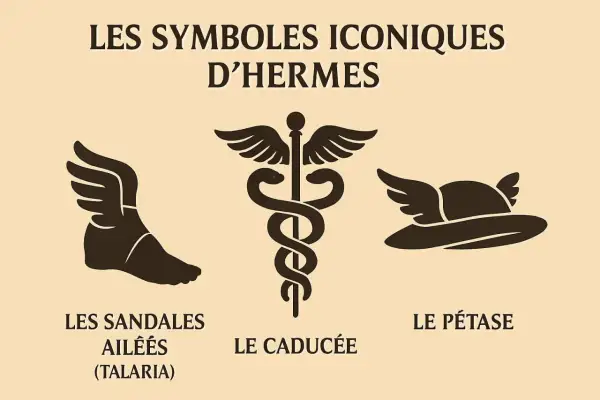 Les symboles iconiques d'Hermès : sandales ailées, caducée et pétase. Le dieu messager est représenté par ces emblèmes.