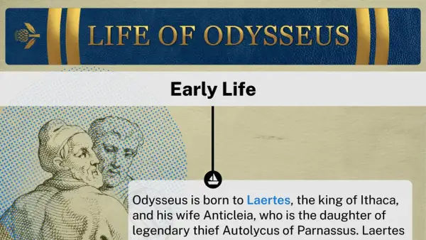 Dessin de deux hommes, texte "Early Life" et "LIFE OF ODYSSEUS".