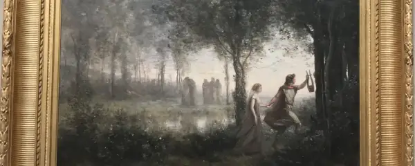 Orphée guide Eurydice hors des enfers, une scène mythologique dans une forêt brumeuse.