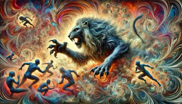 Le lion de Némée, une créature mythique aux griffes acérées, affronte des silhouettes humaines dans un tourbillon psychédélique de couleurs vives.