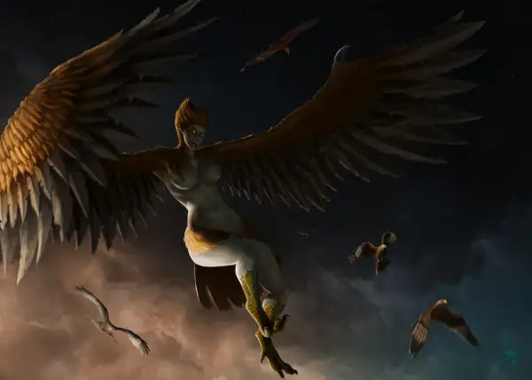 Une harpie, créature de la mythologie, plane dans le ciel nocturne, ses ailes immenses déployées. D'autres oiseaux l'accompagnent dans cette scène onirique.