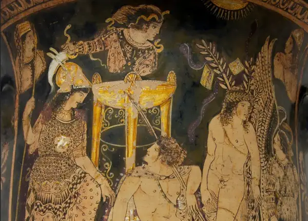 Scène antique : Antigone, Œdipe et d'autres figures mythologiques autour d'un autel doré.