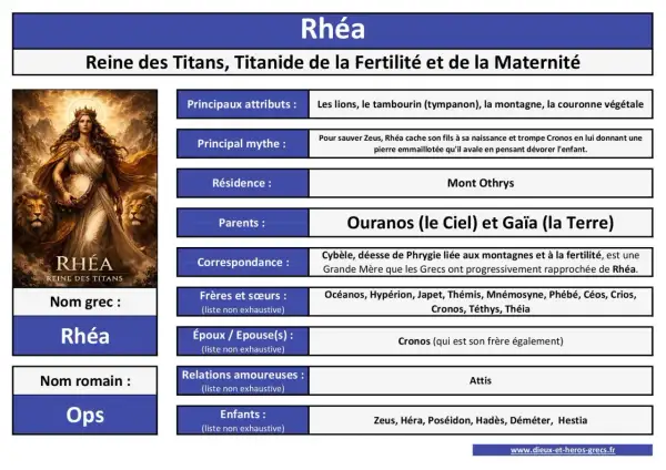 Rhéa, reine des Titans, déesse de la fertilité, est représentée avec des lions et un tambourin. Elle est la mère de Zeus.