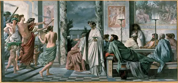 Scène antique avec des hommes en toges, des torches et des couronnes. On y voit des enfants, dont un porte une couronne de fleurs, rappelant qui est Narcisse.