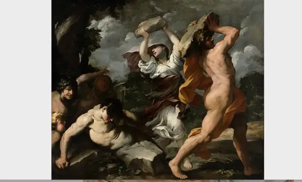 Deucalion et Pyrrha, survivants du déluge, jettent des pierres pour repeupler la Terre. Des figures humaines émergent des rochers.