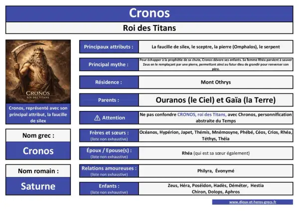 Cronos, roi des Titans, est représenté avec sa faucille. Ce dieu du temps, fils d'Ouranos et Gaïa, est le père de Zeus.