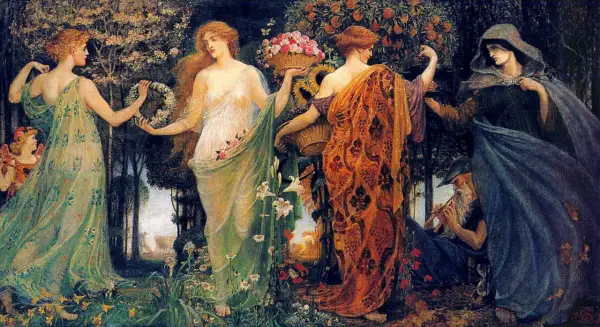 Cinq femmes dans un jardin luxuriant, dont une tenant une couronne de fleurs. On peut se demander qui est Déméter, déesse de l'agriculture, parmi ces figures allégoriques.
