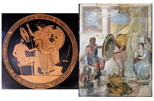 Sur une amphore, Héphaïstos forge une armure pour Aphrodite. Une fresque montre aussi le dieu forgeron et des figures féminines.