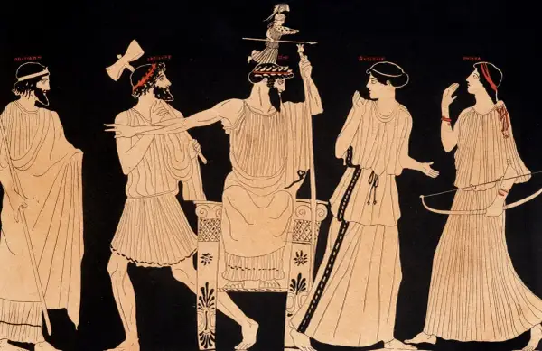 Zeus, aidé par Héphaïstos, libère Athéna de sa tête. On voit aussi Pallas et d'autres figures, mais qui sont les parents d'Athéna ? Zeus et Métis.