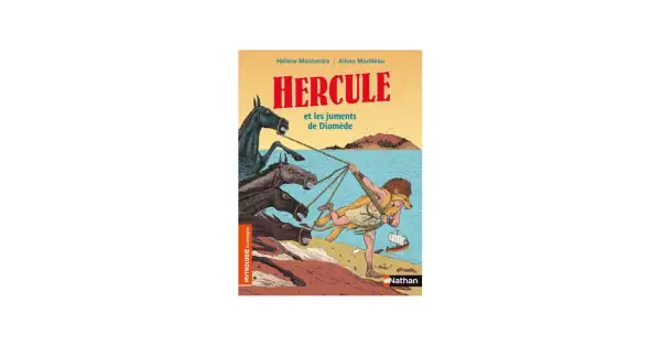 Hercule lutte pour maîtriser les juments de Diomède, des chevaux sauvages et féroces, sur une plage.