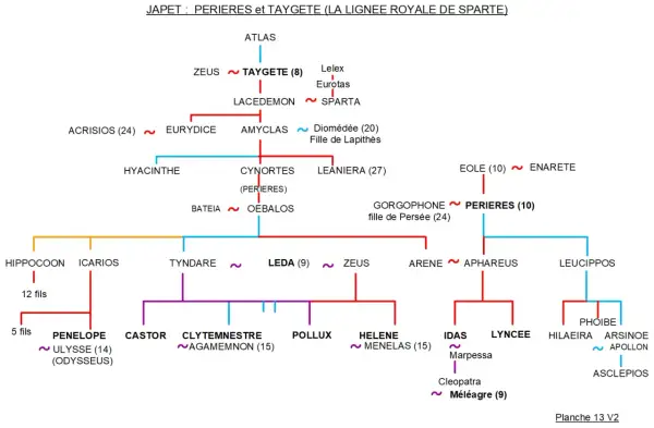Arbre généalogique montrant la lignée royale de Sparte. Pénélope, femme d'Ulysse, est la fille d'Icarios.