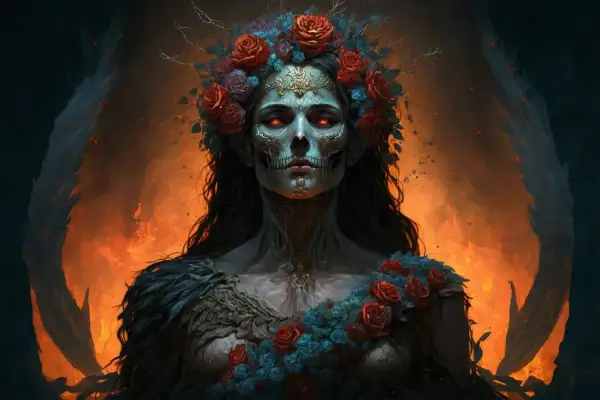 Une figure féminine aux yeux rouges ardents, couronnée de roses, évoque la mystérieuse Perséphone, reine des enfers.