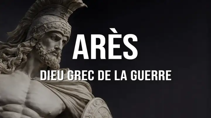 Statue d'Arès, dieu grec de la guerre, portant un casque et un bouclier.